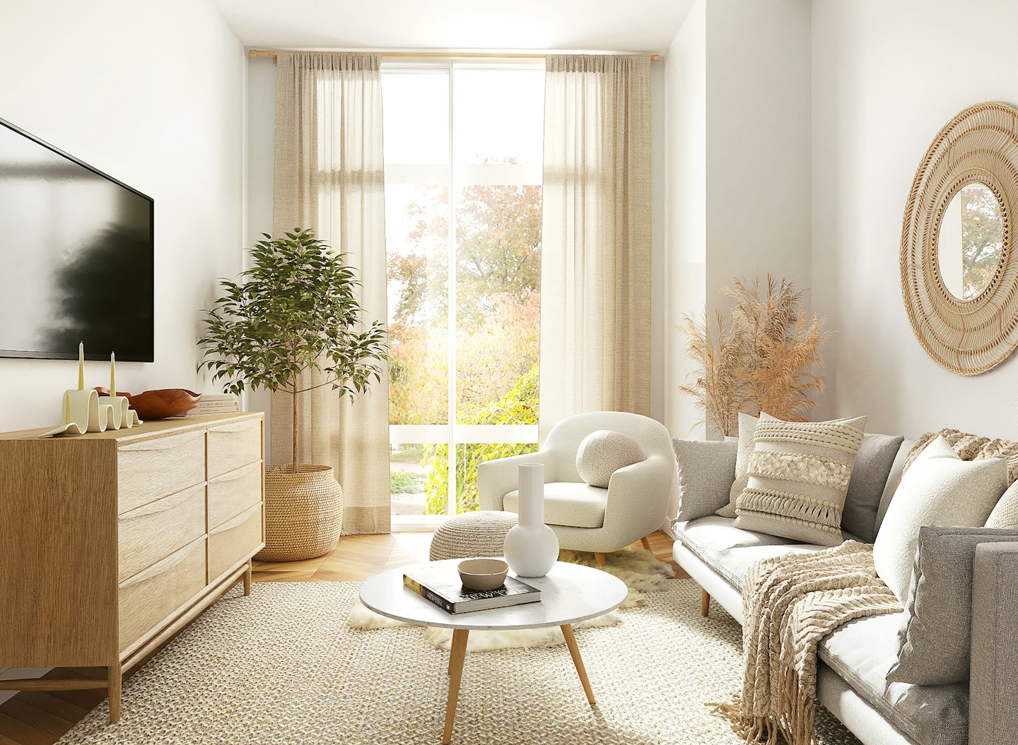 Modern living room with sofa and autumn view through window.